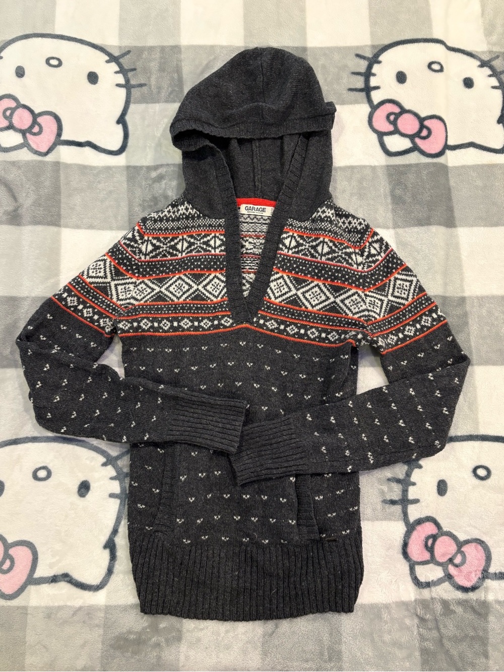 Y2K Garage Fair Isle Knit Hooded Sweater | Charcoal Grey